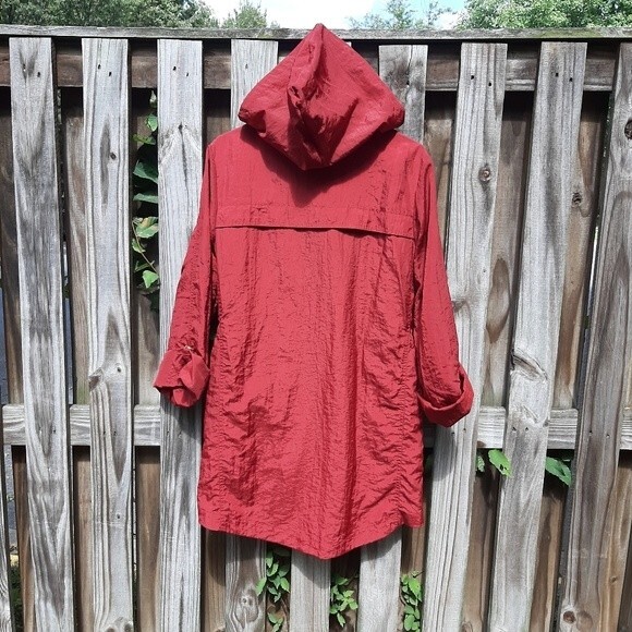 G.E.T. Red Hooded Trench Coat Lightweight Zip Up Jacket Toll-Tab Sleeve - Picture 3 of 16